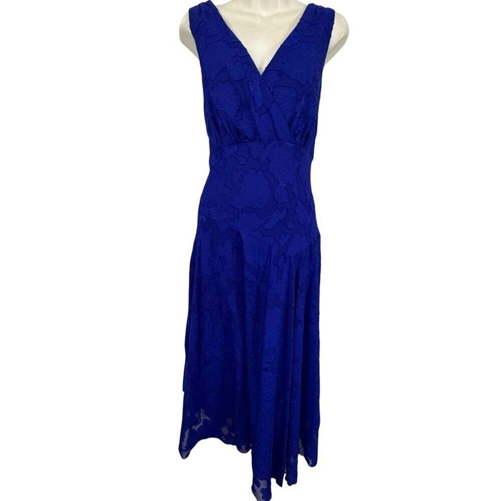 Connected Apparel Blue Midi Floral Chiffon Lined V-Neck Sleeveless Dress NWT 12
